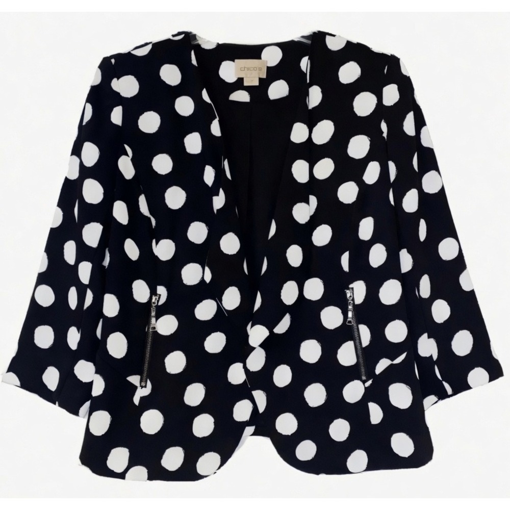 Chicos Blazer Jacket 1 US 8 M Polka Dot Open Front Artsy Pockets Black White